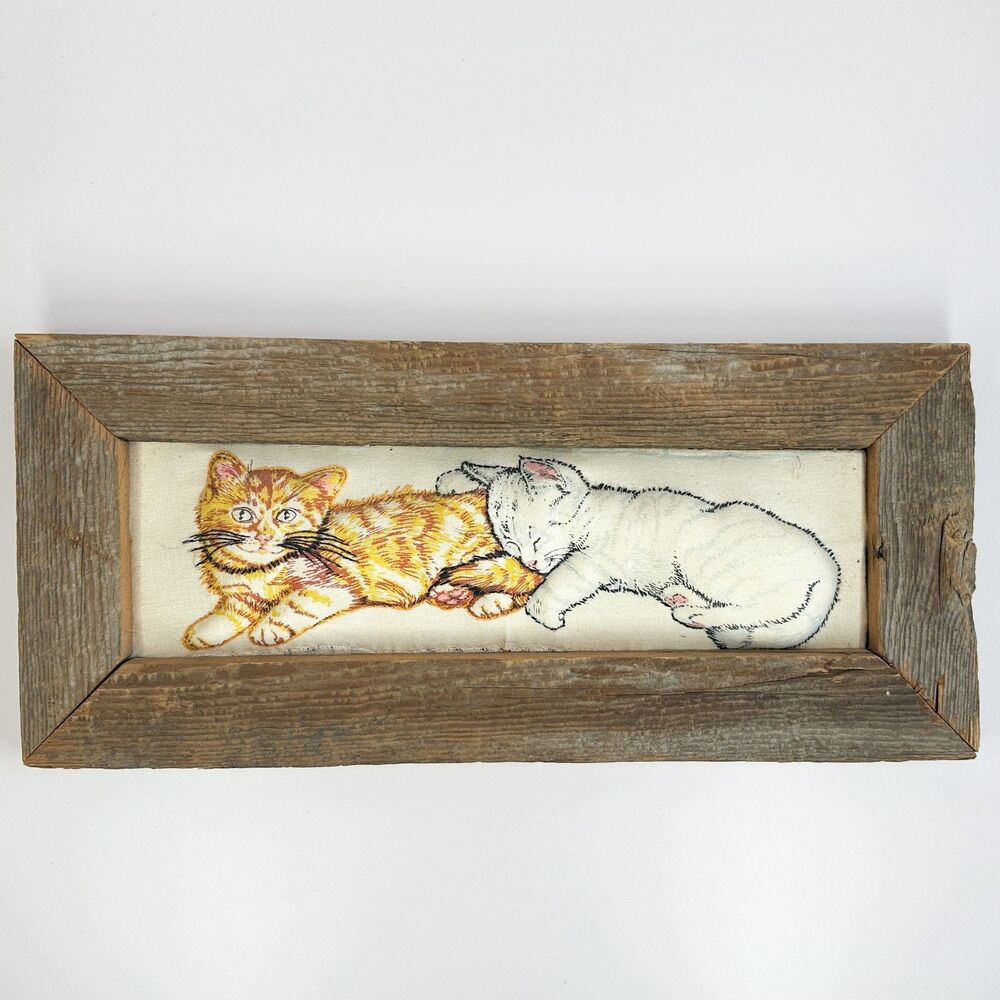 Vintage Handmade 3D Stuffed Cats Kittens Driftwood Framed Wall Art